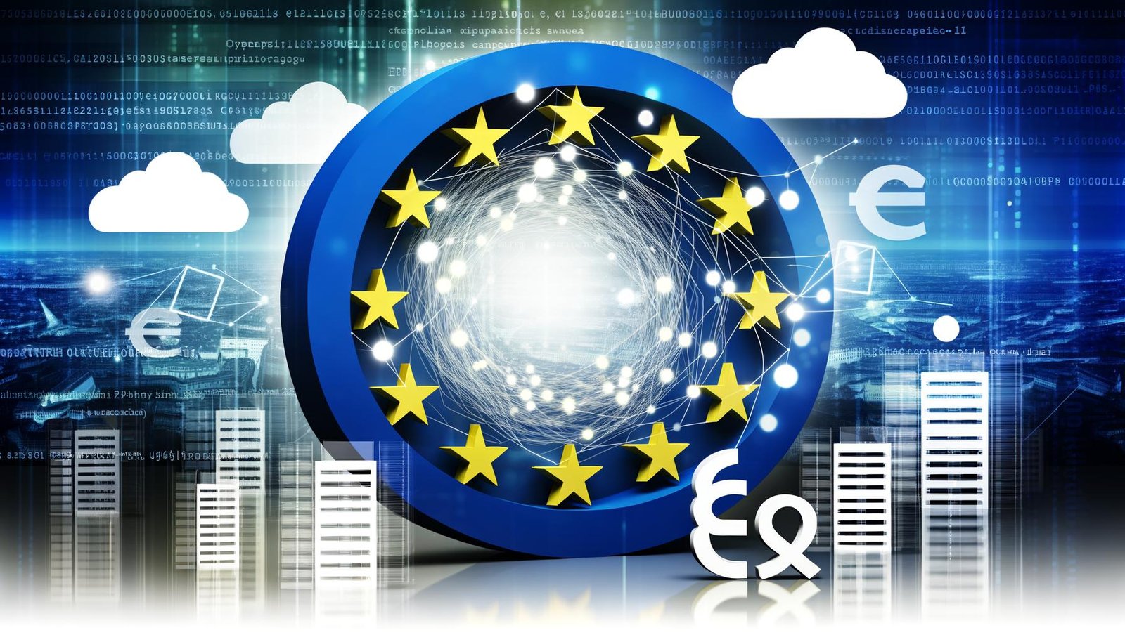 Modernes, digitales Titelbild mit EU-Sternkreis, leuchtenden Netzverbindungen, Cloud-Icons, Serverracks, Paragraphen-Symbolen und angedeuteten Gebäudeschatten vor blau-weißem Hintergrund.