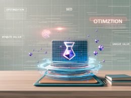 Moderner Schreibtisch mit Laptop, Textgenerator-Software, holografischen KI-Grafiken, SEO-Diagrammen und technischen Checklisten im futuristischen Editorial-Stil.