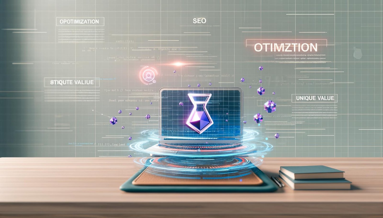 Moderner Schreibtisch mit Laptop, Textgenerator-Software, holografischen KI-Grafiken, SEO-Diagrammen und technischen Checklisten im futuristischen Editorial-Stil.