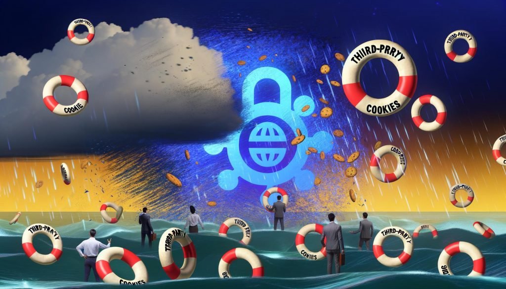 Symbolische Illustration von Marketern, die sich an zerbrochenen Third-Party-Cookie-Rettungsringen im digitalen Meer festhalten, während Chrome das Tracking schließt und GDPR- sowie ePrivacy-Wolken aufziehen.