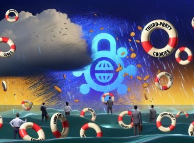 Symbolische Illustration von Marketern, die sich an zerbrochenen Third-Party-Cookie-Rettungsringen im digitalen Meer festhalten, während Chrome das Tracking schließt und GDPR- sowie ePrivacy-Wolken aufziehen.