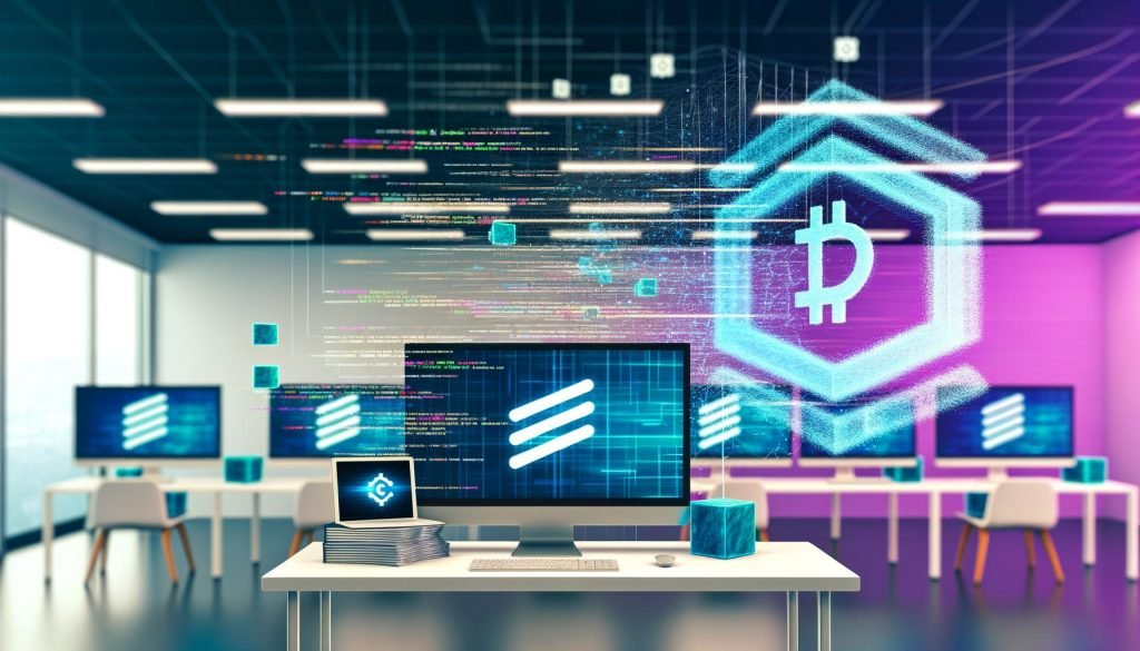 Illustration eines futuristischen Büros mit Stripe-Logo, mehreren Monitoren, Blockchain-Smart-Contracts, NFT-Artwork, Kreditkarten, digitalen Wallets und automatisierten Zahlungsprozessen.