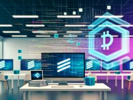 Illustration eines futuristischen Büros mit Stripe-Logo, mehreren Monitoren, Blockchain-Smart-Contracts, NFT-Artwork, Kreditkarten, digitalen Wallets und automatisierten Zahlungsprozessen.