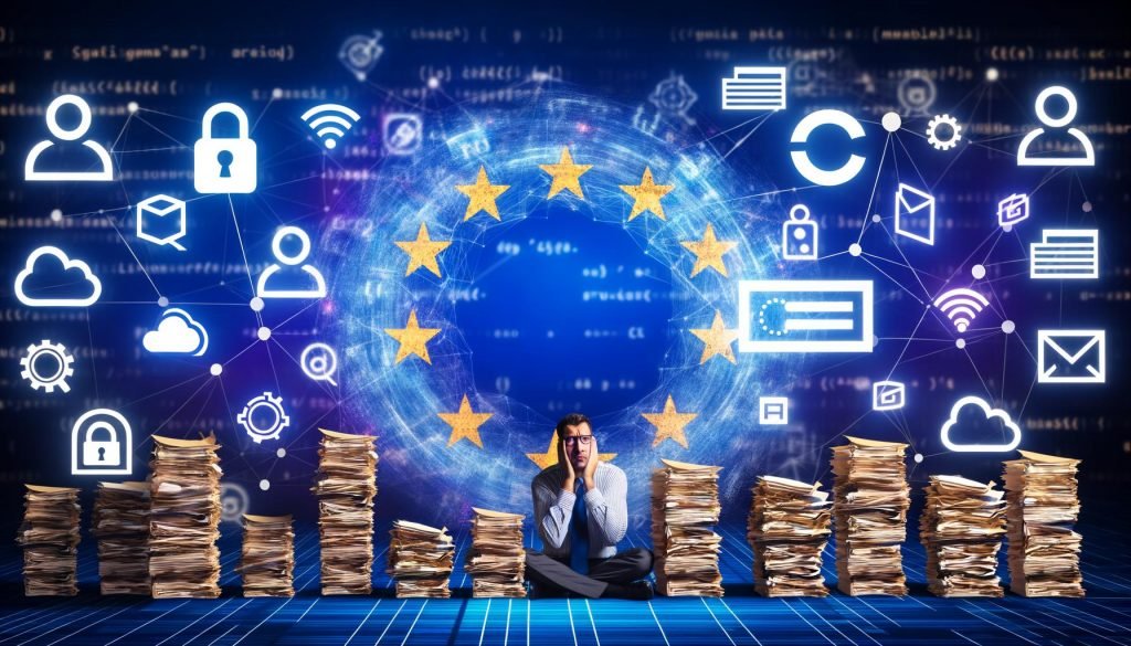 Überforderter Unternehmer vor Akten, Cookie-Bannern und Checklisten, umgeben von EU-Regulierungs-Symbolen und Tech-Konzern-Logos im digitalen Dschungel.