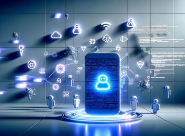 Modernes Smartphone mit TikTok-App, umkreist von digitalen Robotern, Codezeilen, Entwicklungssymbolen und Analyse-Diagrammen vor einem High-Tech-Hintergrund in Blau- und Neonfarben.