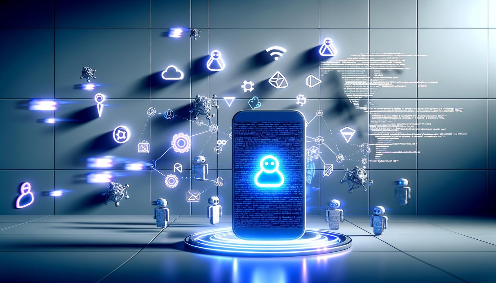 Modernes Smartphone mit TikTok-App, umkreist von digitalen Robotern, Codezeilen, Entwicklungssymbolen und Analyse-Diagrammen vor einem High-Tech-Hintergrund in Blau- und Neonfarben.