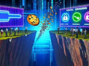 Futuristische Illustration mit Marketern, die mit High-Tech-Tools eine Brücke über einen digitalen Abgrund von zerbröselnden Third-Party-Cookies bauen. Im Hintergrund Technologiegrafiken und leuchtenden Begriffen wie Datenschutz und Conversion.