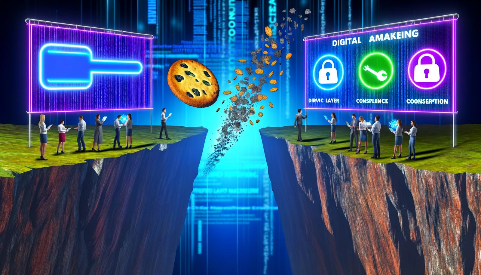 Futuristische Illustration mit Marketern, die mit High-Tech-Tools eine Brücke über einen digitalen Abgrund von zerbröselnden Third-Party-Cookies bauen. Im Hintergrund Technologiegrafiken und leuchtenden Begriffen wie Datenschutz und Conversion.