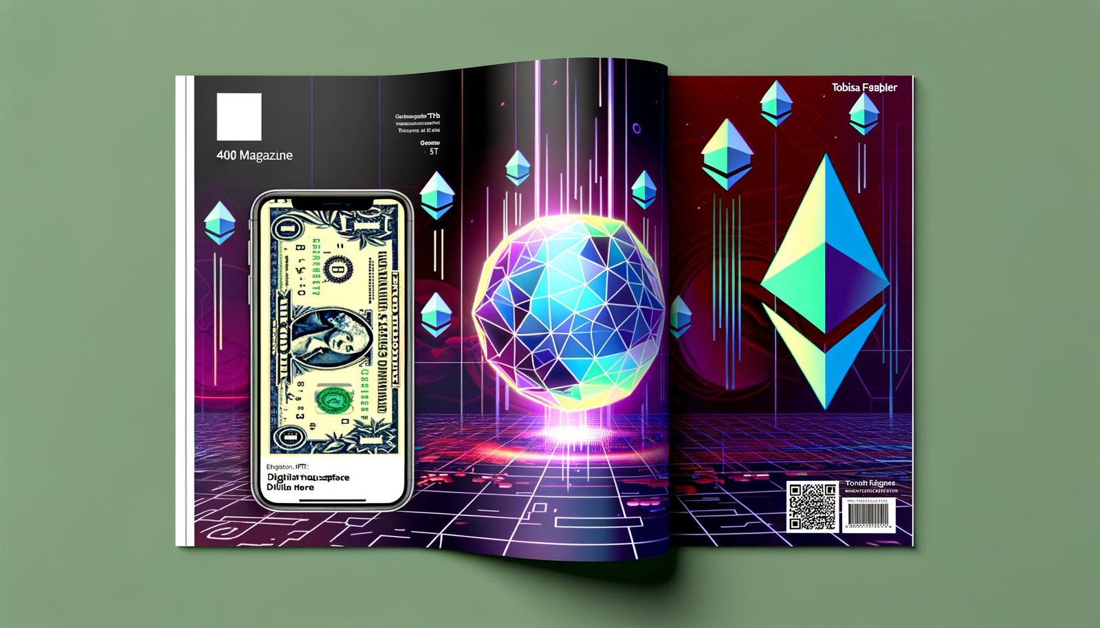 Futuristisches Titelbild mit buntem, geometrischem NFT, Stripe-App auf Smartphone mit Dollar-Überweisung, Ethereum-Logos und digitalen Wallet-Symbolen vor Marktplatz-Interface.