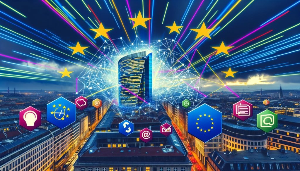 Titelbild mit Brüsseler Skyline, digitalen Netzlinien über Europa, Tech-Giganten-, Start-up- und EU-Icons, sowie einer schwebenden EU-Flagge.