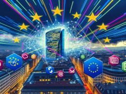 Titelbild mit Brüsseler Skyline, digitalen Netzlinien über Europa, Tech-Giganten-, Start-up- und EU-Icons, sowie einer schwebenden EU-Flagge.