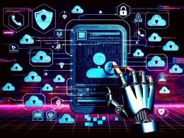 Digitale Illustration einer Roboterhand, die ein TikTok-Smartphone mit Code und Sicherheitswarnungen umgibt – Symbol für technische Risiken und Sperren durch Automatisierung