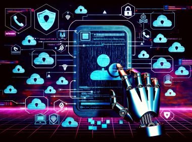 Digitale Illustration einer Roboterhand, die ein TikTok-Smartphone mit Code und Sicherheitswarnungen umgibt – Symbol für technische Risiken und Sperren durch Automatisierung