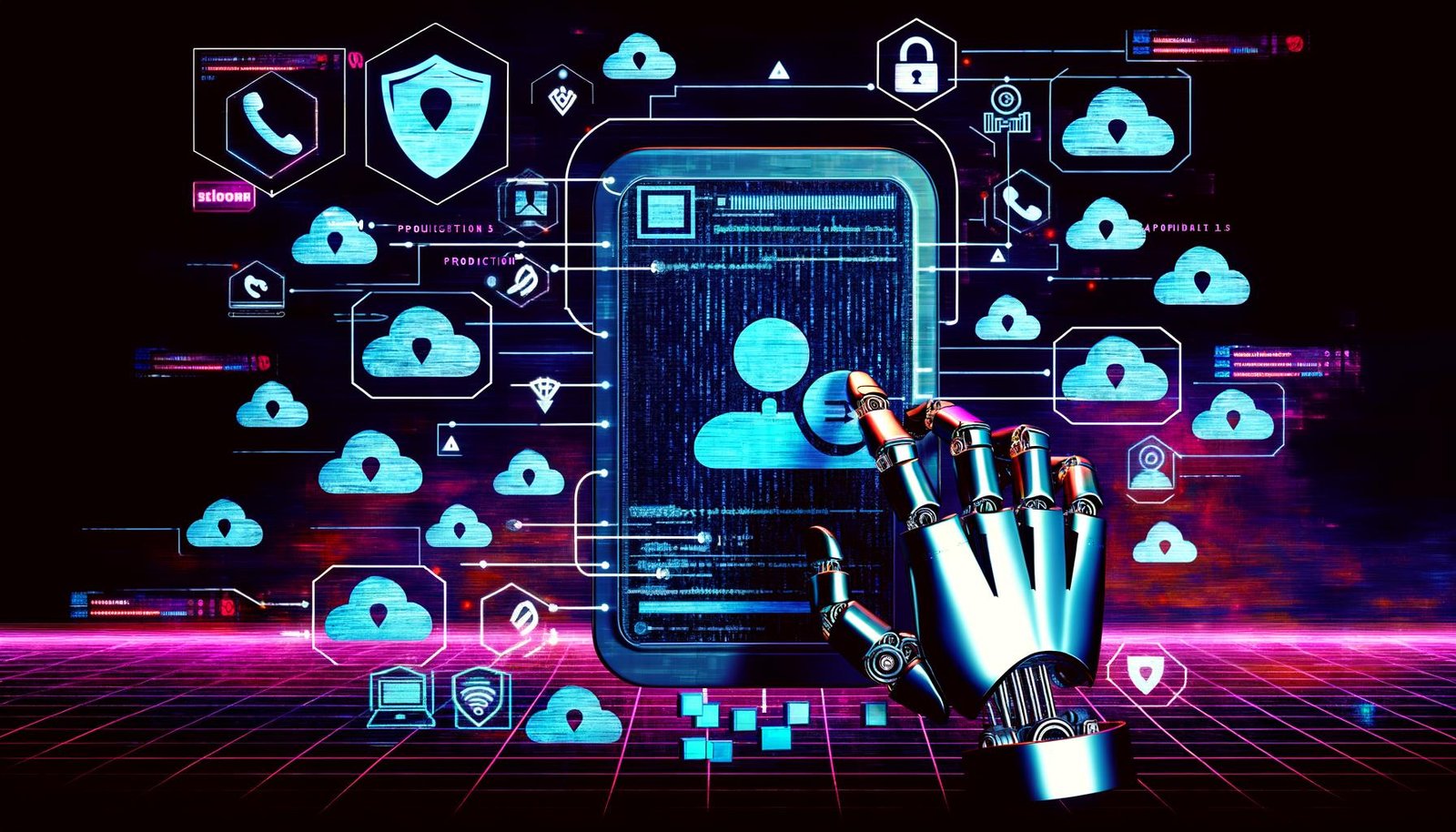 Digitale Illustration einer Roboterhand, die ein TikTok-Smartphone mit Code und Sicherheitswarnungen umgibt – Symbol für technische Risiken und Sperren durch Automatisierung