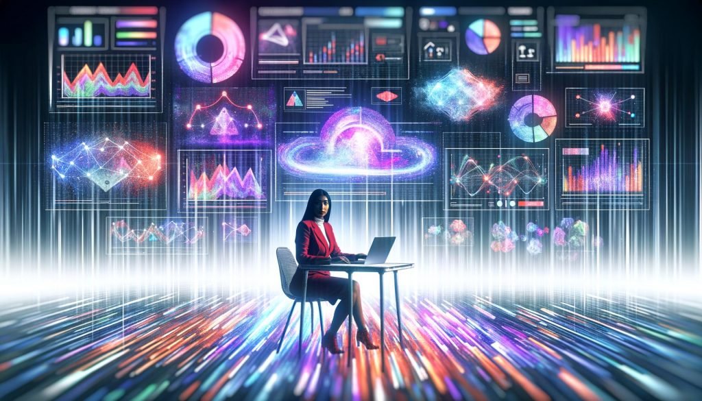 Futuristisches 404 Magazine Cover mit Person in Business-Outfit vor digitalen Dashboards, Datenströmen, KI-Algorithmen und pulsierenden API-Verbindungen.