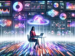 Futuristisches 404 Magazine Cover mit Person in Business-Outfit vor digitalen Dashboards, Datenströmen, KI-Algorithmen und pulsierenden API-Verbindungen.