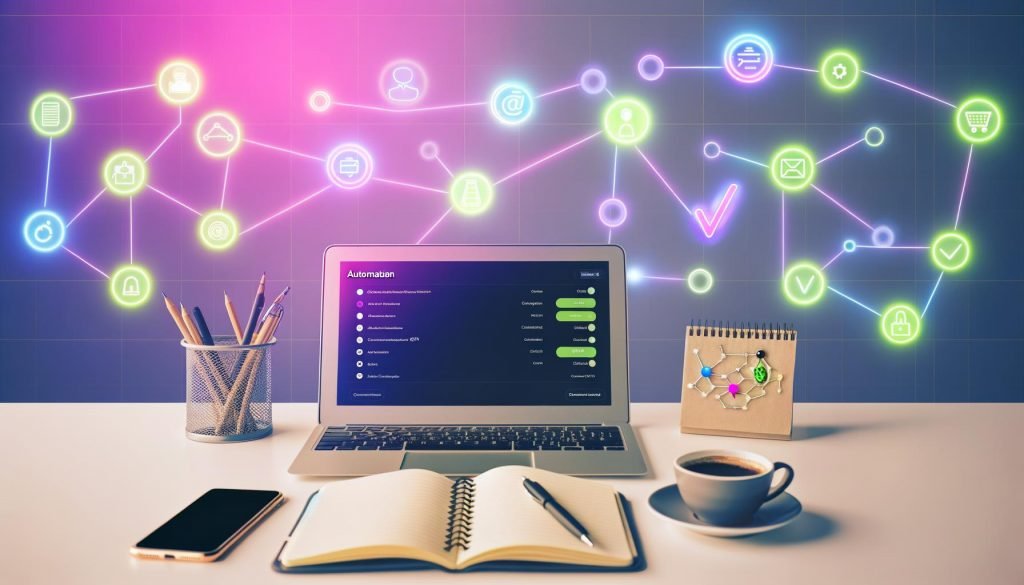 Heller Schreibtisch eines Solopreneurs mit offenem Laptop, Stripe-Dashboard, Notizbuch, Smartphone mit Automations-Checkliste, Kaffeetasse und grafisch dargestellten, vernetzten Business-Tools im Hintergrund.