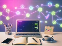 Heller Schreibtisch eines Solopreneurs mit offenem Laptop, Stripe-Dashboard, Notizbuch, Smartphone mit Automations-Checkliste, Kaffeetasse und grafisch dargestellten, vernetzten Business-Tools im Hintergrund.