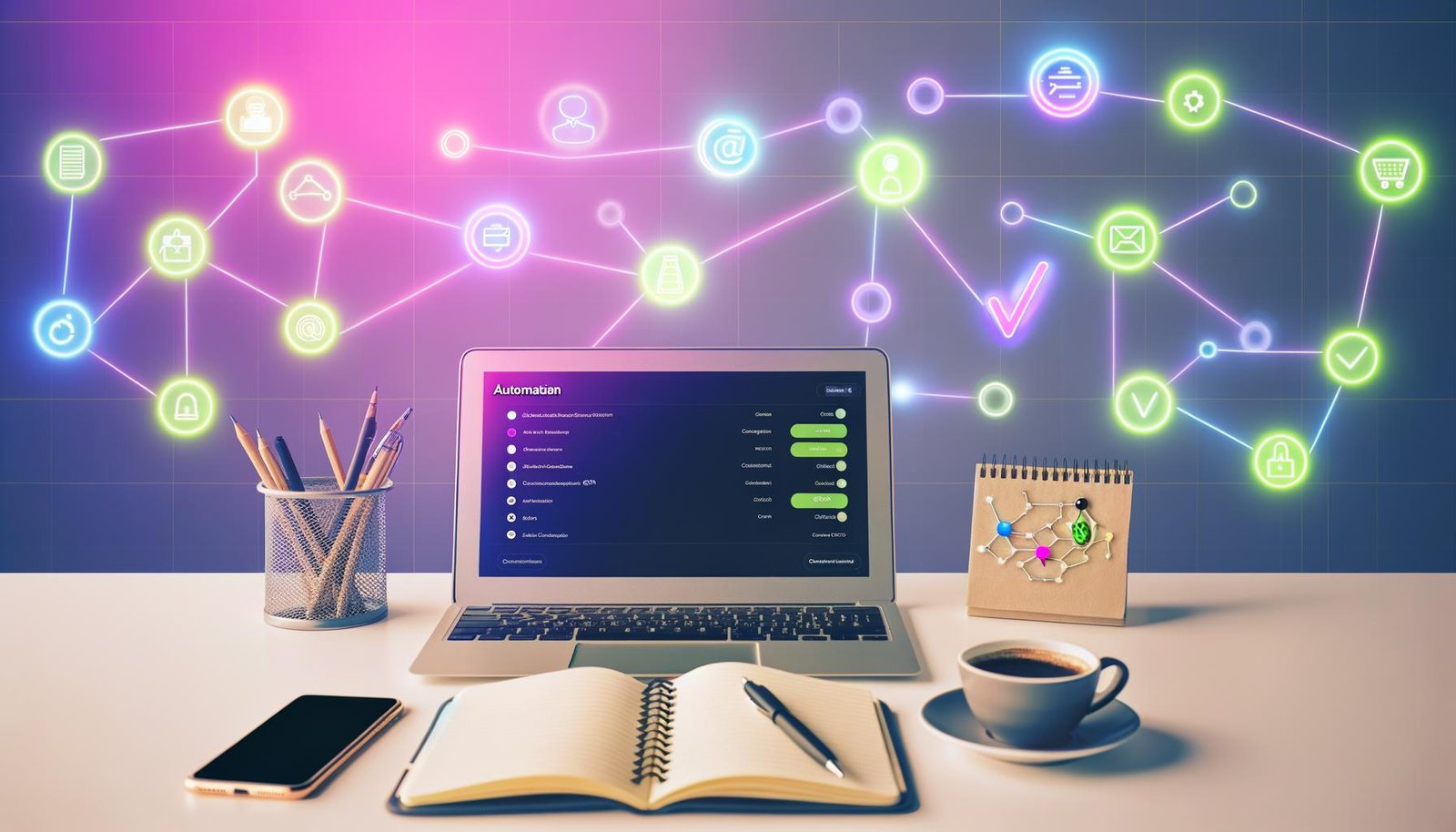 Heller Schreibtisch eines Solopreneurs mit offenem Laptop, Stripe-Dashboard, Notizbuch, Smartphone mit Automations-Checkliste, Kaffeetasse und grafisch dargestellten, vernetzten Business-Tools im Hintergrund.