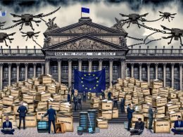 Metaphorisches Bild eines großen, verstaubten Europa-Museums, vor dem moderne digitale Geräte durch bürokratische Paragraphen-Ketten gefesselt sind. Start-up-Gründer sitzen entmutigt auf Treppenstufen, umgeben von Papierbergen mit DSGVO-, DSA- und KI-Gesetz-Akten, während strenge Aufseher den Fortschritt beschneiden. Banner mit Aufschrift: Zukunft gestalten statt blockieren.