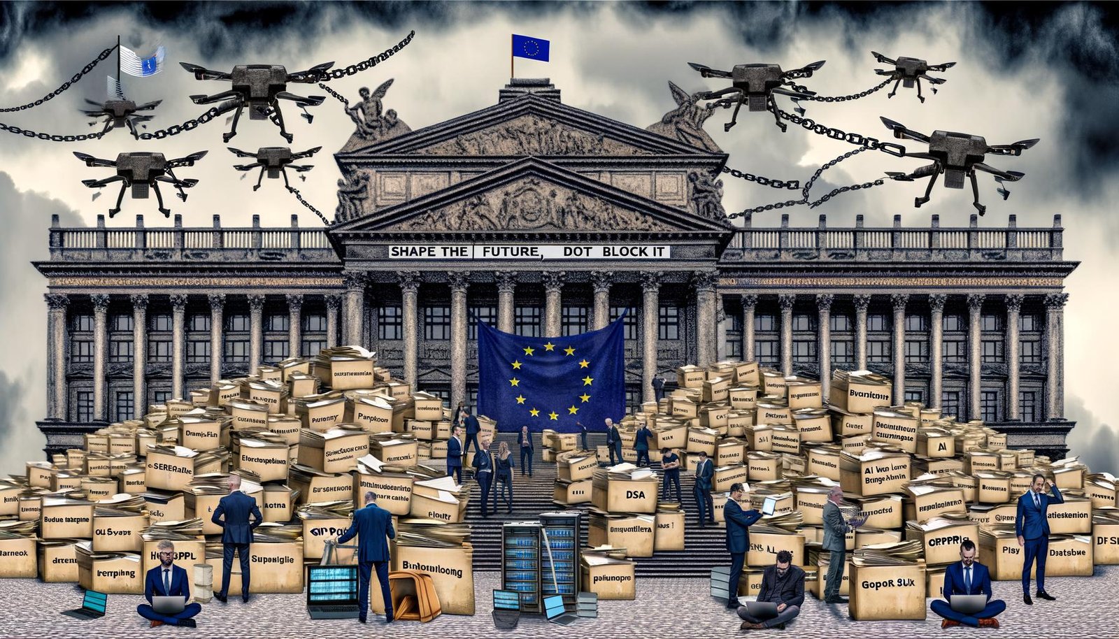 Metaphorisches Bild eines großen, verstaubten Europa-Museums, vor dem moderne digitale Geräte durch bürokratische Paragraphen-Ketten gefesselt sind. Start-up-Gründer sitzen entmutigt auf Treppenstufen, umgeben von Papierbergen mit DSGVO-, DSA- und KI-Gesetz-Akten, während strenge Aufseher den Fortschritt beschneiden. Banner mit Aufschrift: Zukunft gestalten statt blockieren.
