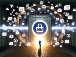 Marketer steht vor leuchtendem Kontrollpult mit RudderStack-Logo, umgeben von chaotischen Datenströmen, MarTech-Icons, zerberstenden Datensilos, Compliance-Dokumenten und Cloud-Symbolen.