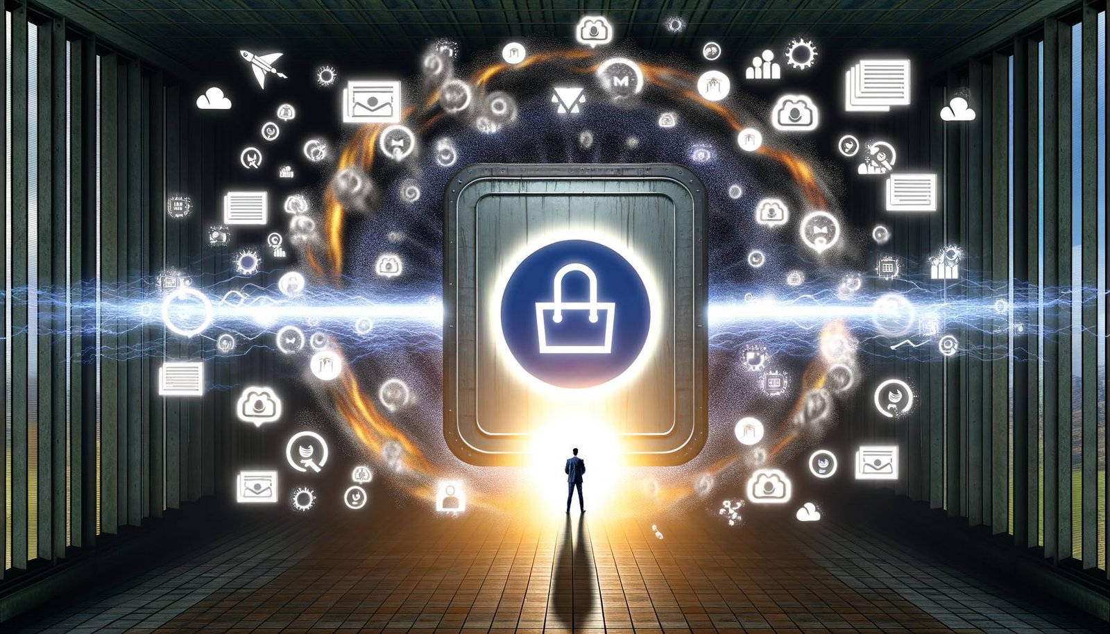 Marketer steht vor leuchtendem Kontrollpult mit RudderStack-Logo, umgeben von chaotischen Datenströmen, MarTech-Icons, zerberstenden Datensilos, Compliance-Dokumenten und Cloud-Symbolen.