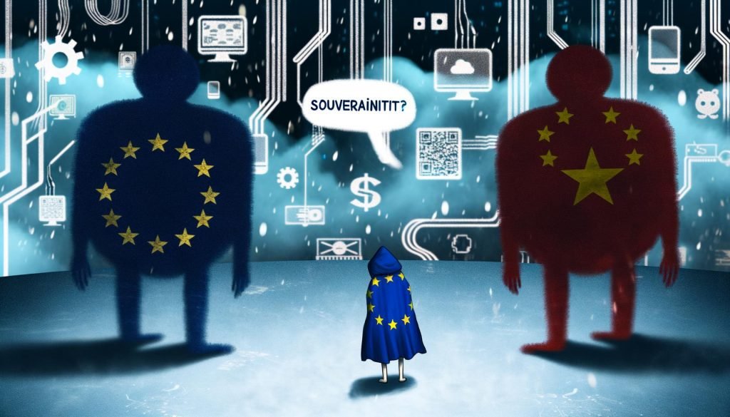 Metaphorische Illustration einer kleinen EU-Cartoonfigur zwischen übermächtigen Tech-Monopolisten aus den USA und China, umgeben von digitalen Wolken, Dollarzeichen und Plattform-Logos, mit dem Schriftzug „Souveränität?“