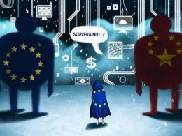 Metaphorische Illustration einer kleinen EU-Cartoonfigur zwischen übermächtigen Tech-Monopolisten aus den USA und China, umgeben von digitalen Wolken, Dollarzeichen und Plattform-Logos, mit dem Schriftzug „Souveränität?“