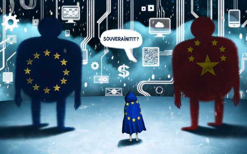Metaphorische Illustration einer kleinen EU-Cartoonfigur zwischen übermächtigen Tech-Monopolisten aus den USA und China, umgeben von digitalen Wolken, Dollarzeichen und Plattform-Logos, mit dem Schriftzug „Souveränität?“