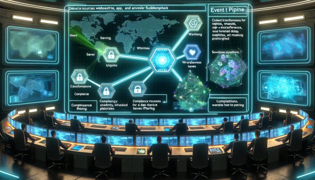 Ein Kontrollraum voller digitaler Bildschirme mit einer zentralen Datenpipeline-Diagramm, Rudderstack-Integration, gemeinsam arbeitende diverse Ingenieur:innen, Hologramme für Transformationen und Sicherheits-Symbole.