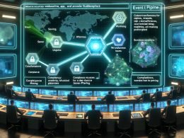 Ein Kontrollraum voller digitaler Bildschirme mit einer zentralen Datenpipeline-Diagramm, Rudderstack-Integration, gemeinsam arbeitende diverse Ingenieur:innen, Hologramme für Transformationen und Sicherheits-Symbole.
