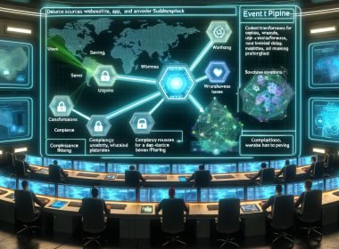 Ein Kontrollraum voller digitaler Bildschirme mit einer zentralen Datenpipeline-Diagramm, Rudderstack-Integration, gemeinsam arbeitende diverse Ingenieur:innen, Hologramme für Transformationen und Sicherheits-Symbole.