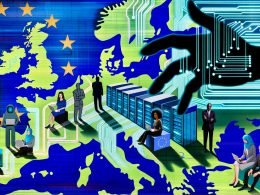 Metaphorische Europa-Landkarte mit leuchtenden Datennetzen, westlichen und östlichen Schattenhänden und modernen Figuren, die an einer offenen EU-Technologie-Plattform bauen.