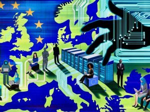 Metaphorische Europa-Landkarte mit leuchtenden Datennetzen, westlichen und östlichen Schattenhänden und modernen Figuren, die an einer offenen EU-Technologie-Plattform bauen.