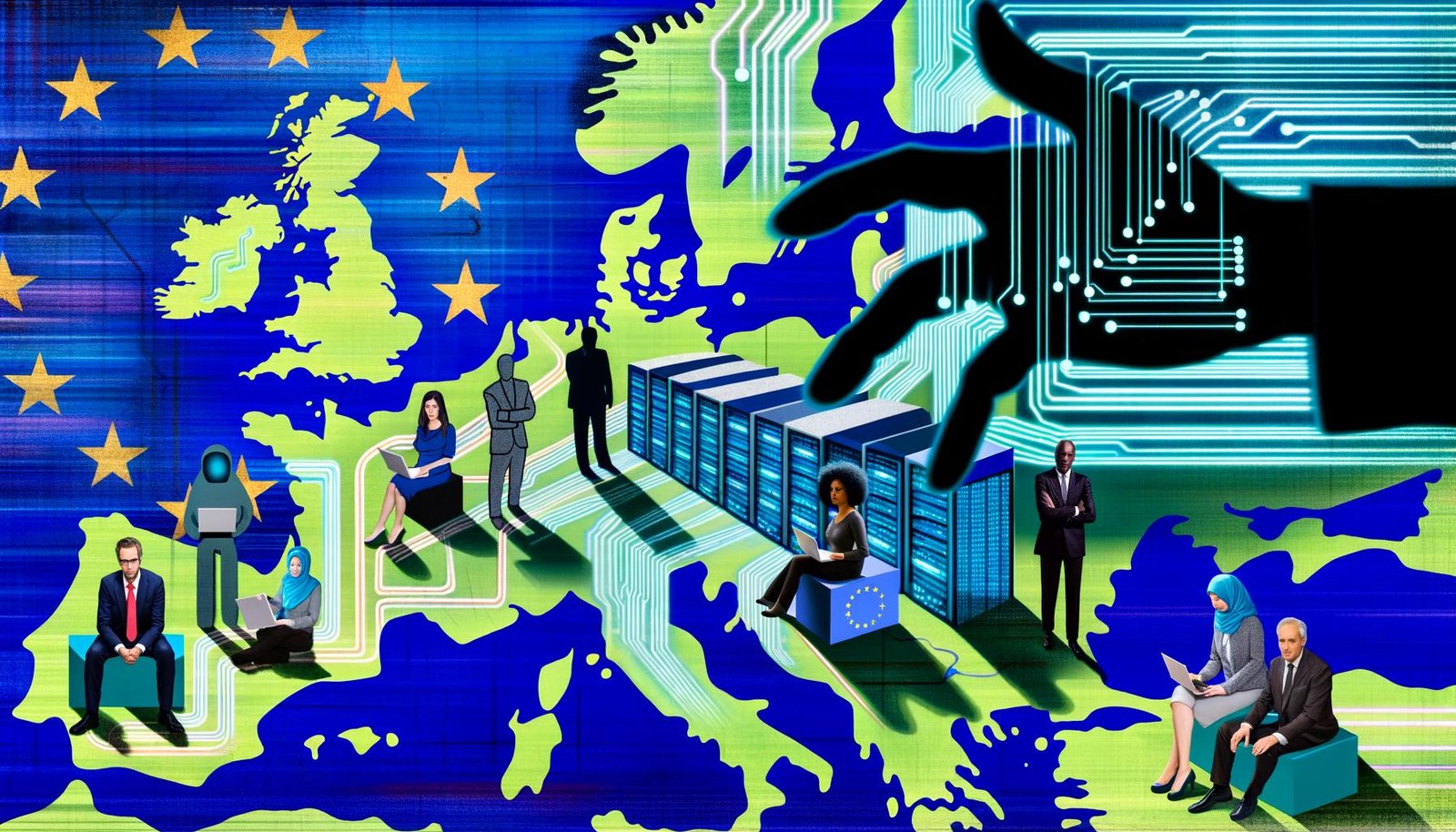 Metaphorische Europa-Landkarte mit leuchtenden Datennetzen, westlichen und östlichen Schattenhänden und modernen Figuren, die an einer offenen EU-Technologie-Plattform bauen.