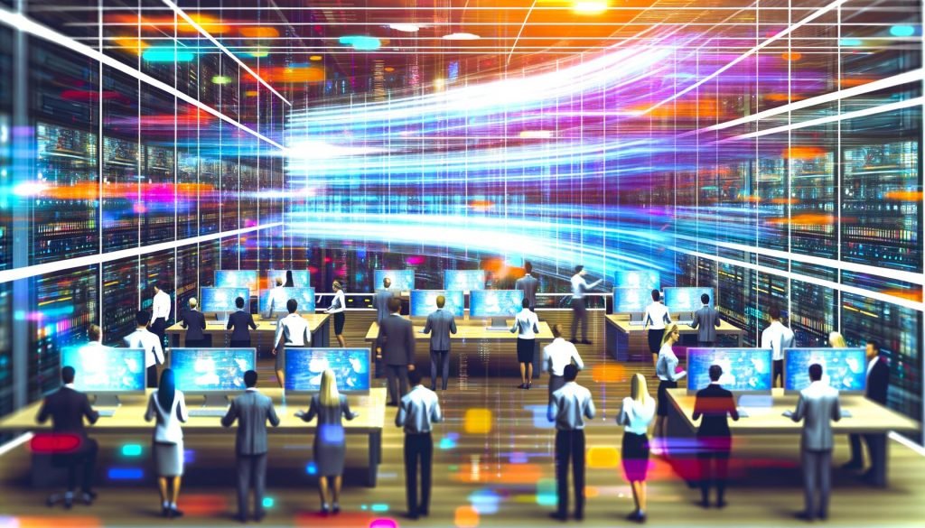 Futuristischer Kontrollraum mit großen transparenten Displays und farbigen Datenströmen, die von Menschen in Business-Casual kontrolliert werden. Verschiedene Datenquellen verschmelzen zu einem agierenden Datenstrom in ein zentrales Data Warehouse.
