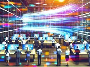 Futuristischer Kontrollraum mit großen transparenten Displays und farbigen Datenströmen, die von Menschen in Business-Casual kontrolliert werden. Verschiedene Datenquellen verschmelzen zu einem agierenden Datenstrom in ein zentrales Data Warehouse.
