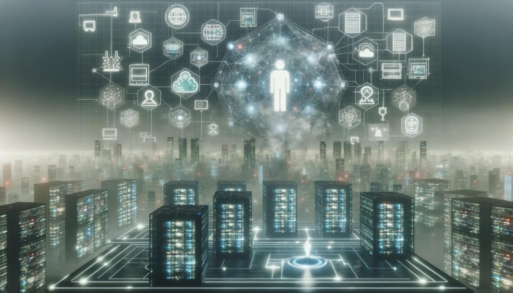 Visualisierung eines futuristischen Kontrollraums mit selbstleuchtendem Algorithmus, Datenzentren, Hologrammen und KI-Symbolen in einer modernen Metropole ohne Menschen.