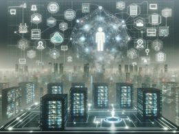 Visualisierung eines futuristischen Kontrollraums mit selbstleuchtendem Algorithmus, Datenzentren, Hologrammen und KI-Symbolen in einer modernen Metropole ohne Menschen.