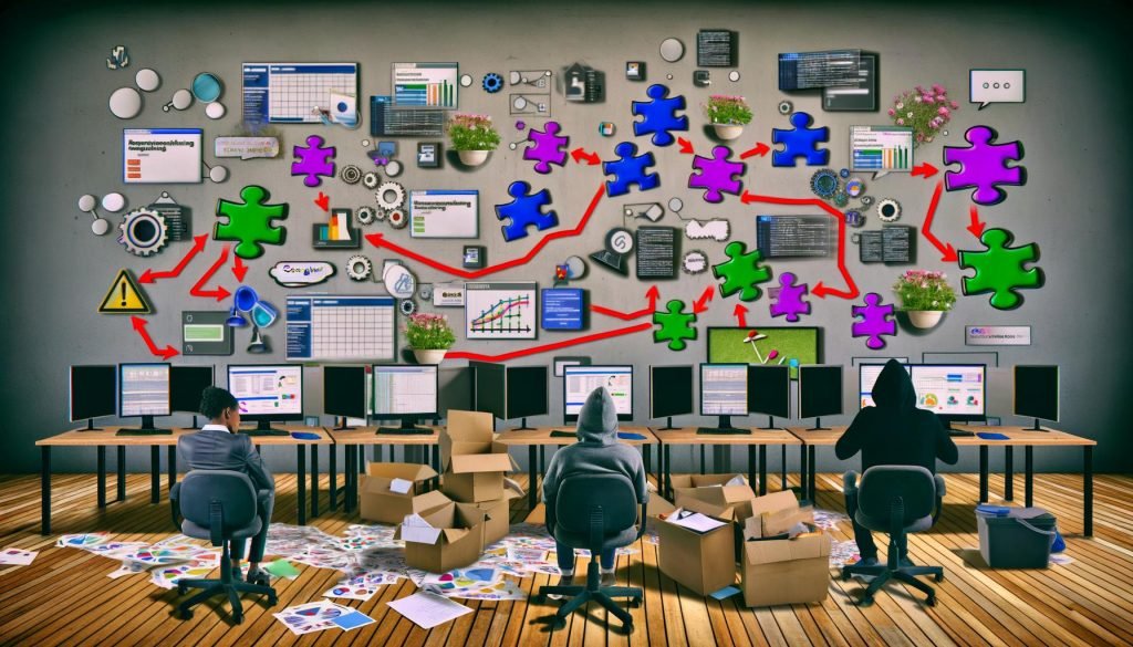 Mehrere Monitore mit Marketing-Dashboards, Code-Editoren und Warnhinweisen, von verwirrten Experten umgeben, zeigen Probleme bei der Datenintegration verschiedener Tools wie Google Analytics, CRM und Facebook Pixel.