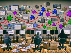 Mehrere Monitore mit Marketing-Dashboards, Code-Editoren und Warnhinweisen, von verwirrten Experten umgeben, zeigen Probleme bei der Datenintegration verschiedener Tools wie Google Analytics, CRM und Facebook Pixel.