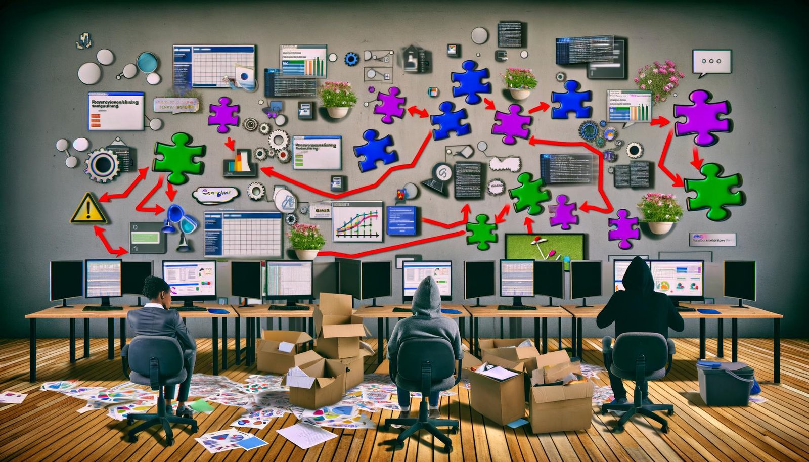 Mehrere Monitore mit Marketing-Dashboards, Code-Editoren und Warnhinweisen, von verwirrten Experten umgeben, zeigen Probleme bei der Datenintegration verschiedener Tools wie Google Analytics, CRM und Facebook Pixel.
