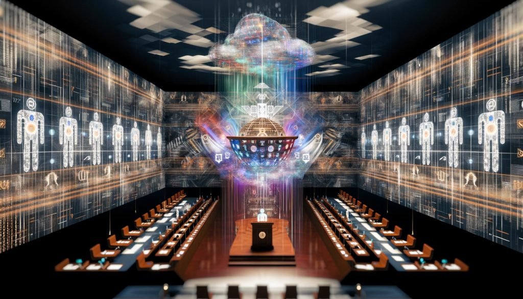 Futuristische Regierungskammer mit KI-Robotern, algorithmischen Gehirnen und Blockchain-Symbolen zwischen transparenten Datenscreens und digitalen Codes, klassische Podien und Landesflaggen von digitalen Strömen und Binärcode umgeben.