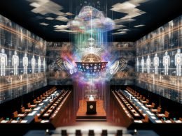 Futuristische Regierungskammer mit KI-Robotern, algorithmischen Gehirnen und Blockchain-Symbolen zwischen transparenten Datenscreens und digitalen Codes, klassische Podien und Landesflaggen von digitalen Strömen und Binärcode umgeben.