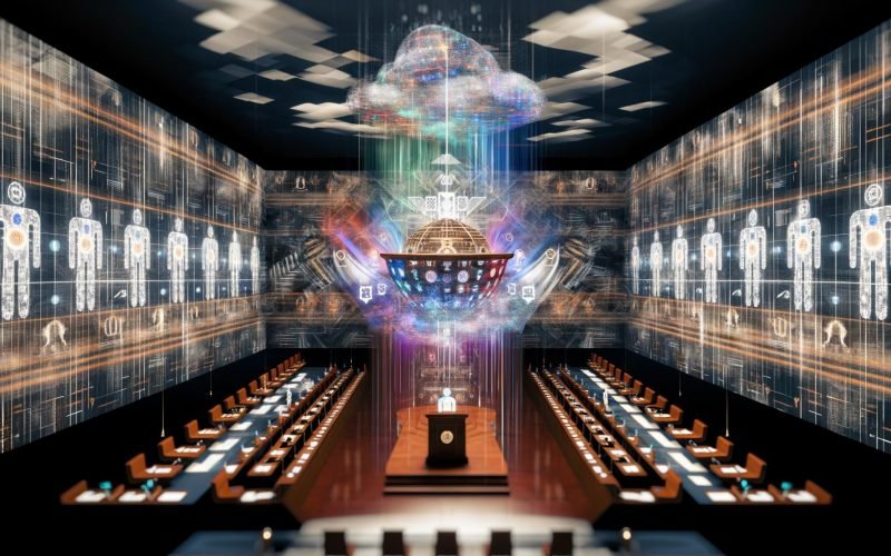 Futuristische Regierungskammer mit KI-Robotern, algorithmischen Gehirnen und Blockchain-Symbolen zwischen transparenten Datenscreens und digitalen Codes, klassische Podien und Landesflaggen von digitalen Strömen und Binärcode umgeben.