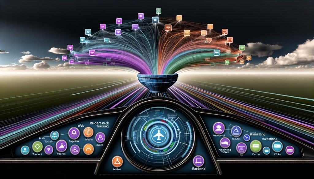 Dynamische Illustration eines High-Tech-Cockpits zur Visualisierung von Datenkontrolle mit RudderStack Tracking. Bunte Datenströme, Event- und Zielsystem-Icons und moderne, dunkle Farbtöne.