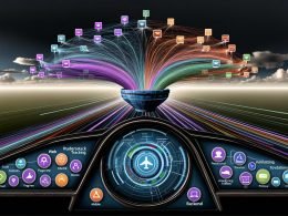 Dynamische Illustration eines High-Tech-Cockpits zur Visualisierung von Datenkontrolle mit RudderStack Tracking. Bunte Datenströme, Event- und Zielsystem-Icons und moderne, dunkle Farbtöne.