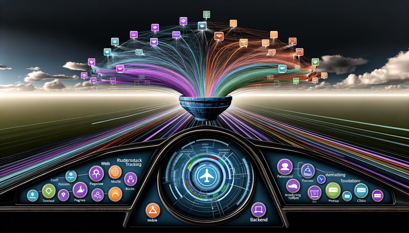 Dynamische Illustration eines High-Tech-Cockpits zur Visualisierung von Datenkontrolle mit RudderStack Tracking. Bunte Datenströme, Event- und Zielsystem-Icons und moderne, dunkle Farbtöne.