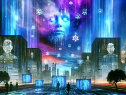 Dystopische Stadt mit leuchtenden Datenströmen, Tech-Giganten-Logos, digitalen Gesichtern und Algorithmen, kleine Menschen blicken ehrfürchtig nach oben